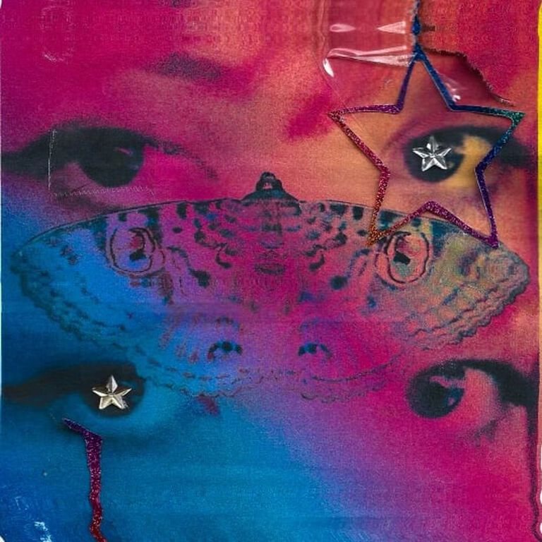 Blue and pink image with eyes and a moth