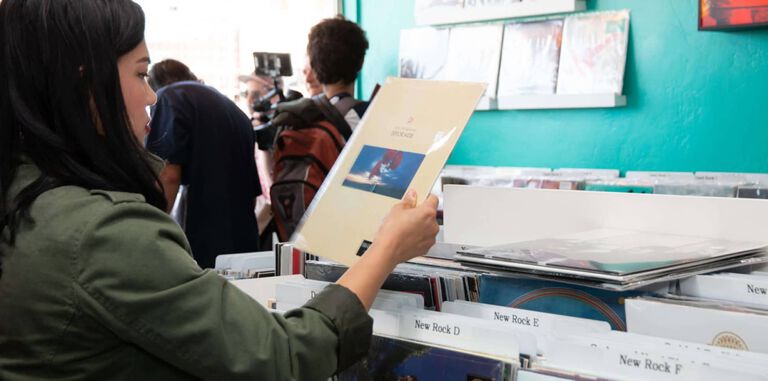 People looking through records