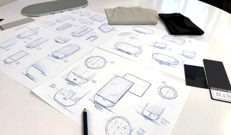 Denon Home 200 400 and 600 design sketches surrounded by samples