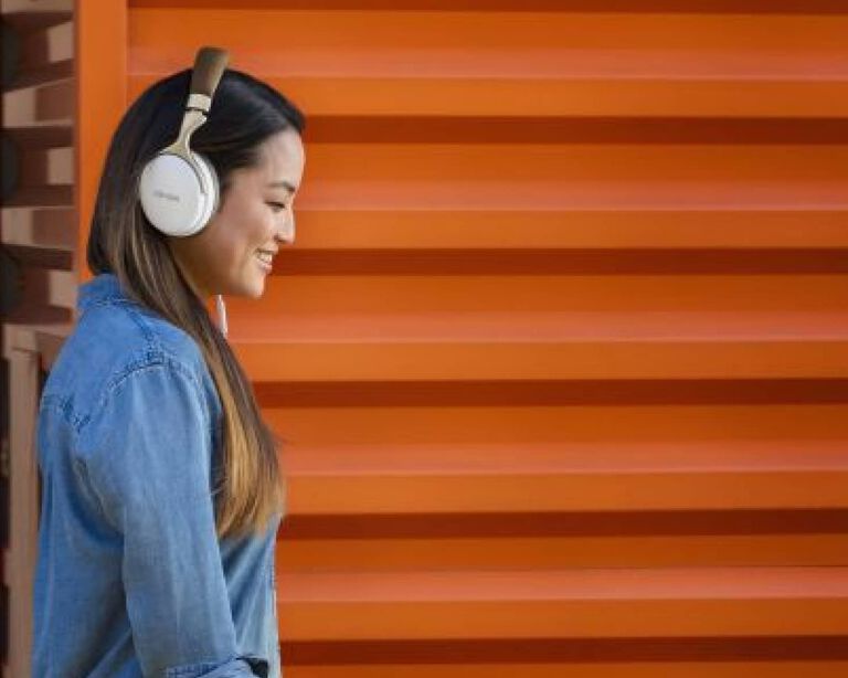 A woman with headphones on