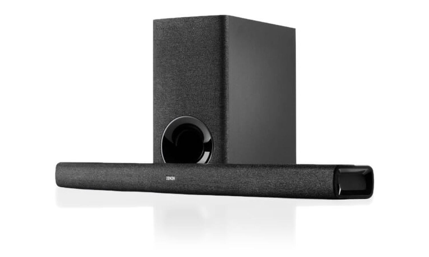 A Denon Home Soundbar with a Subwoofer behind it on white background