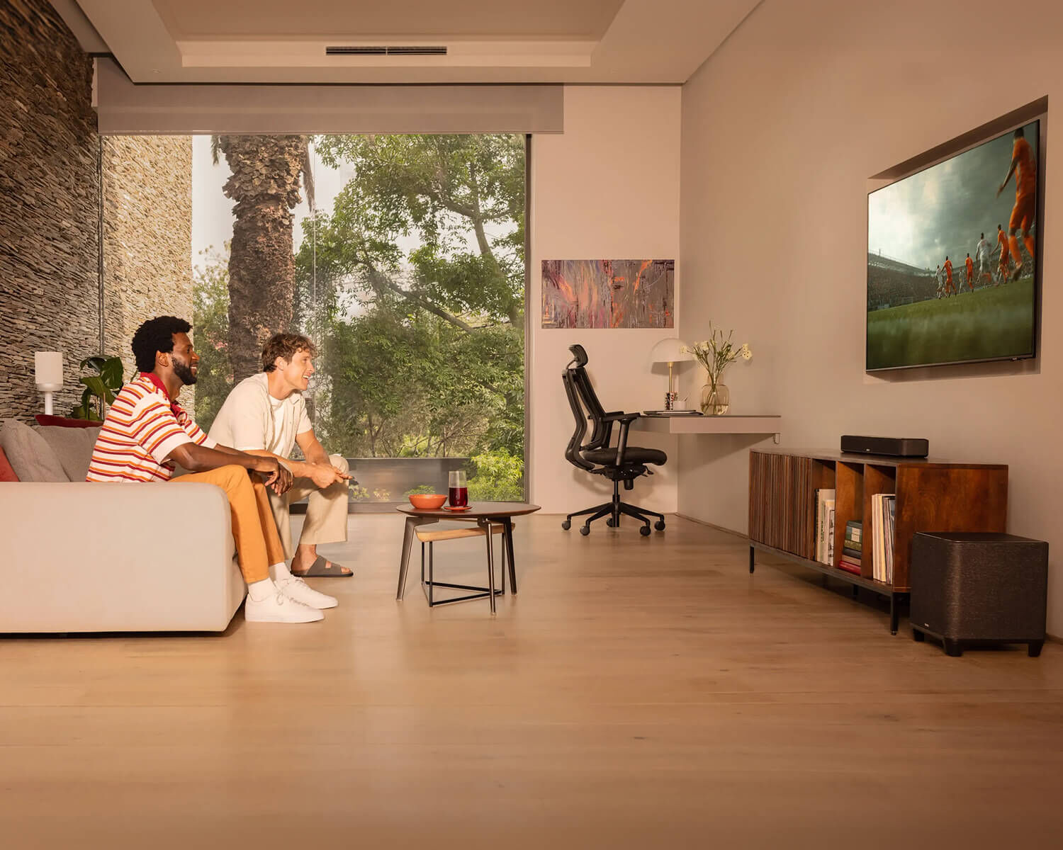 A home theater surrounding a tv