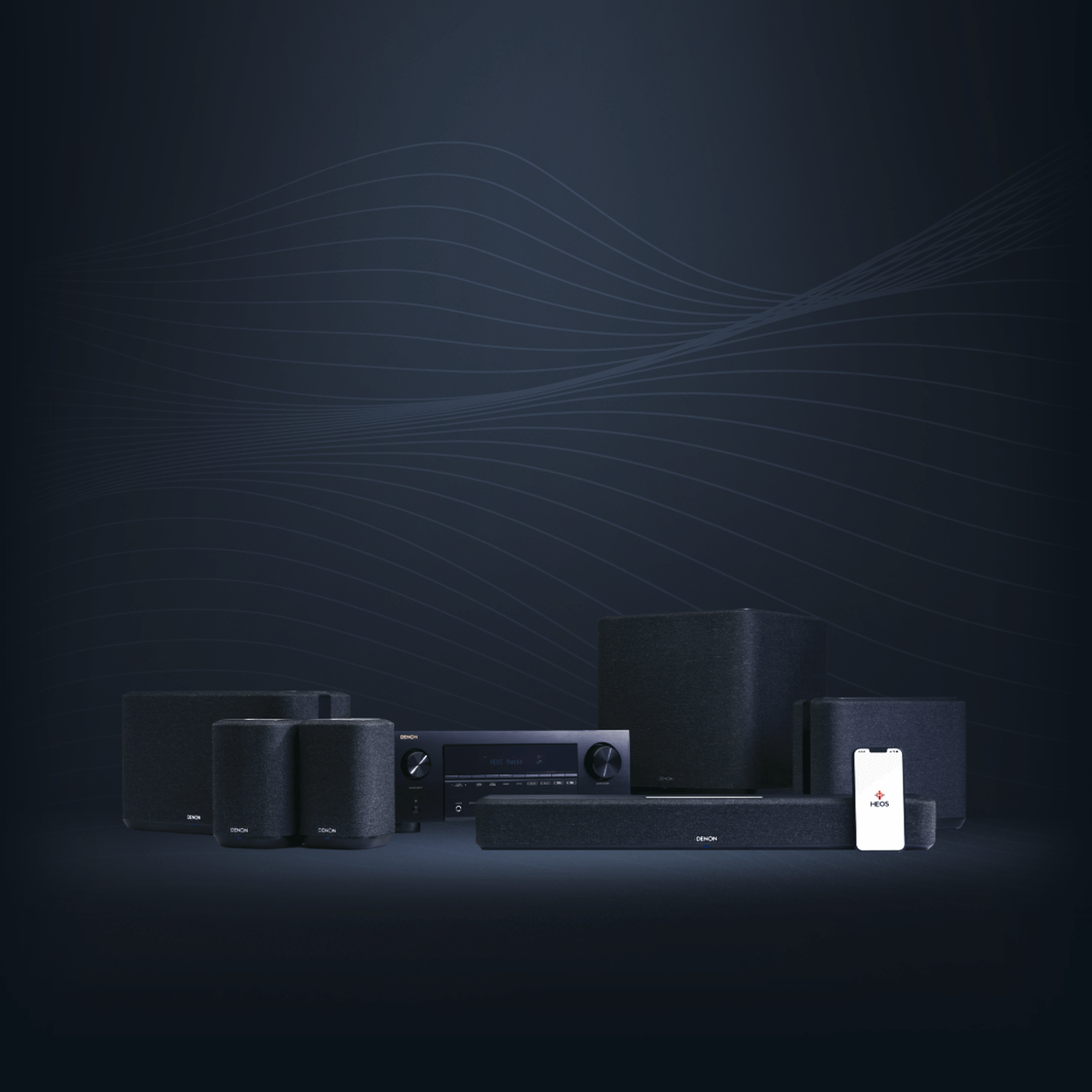 Speakers with an AVR and a Phone displaying HEOS